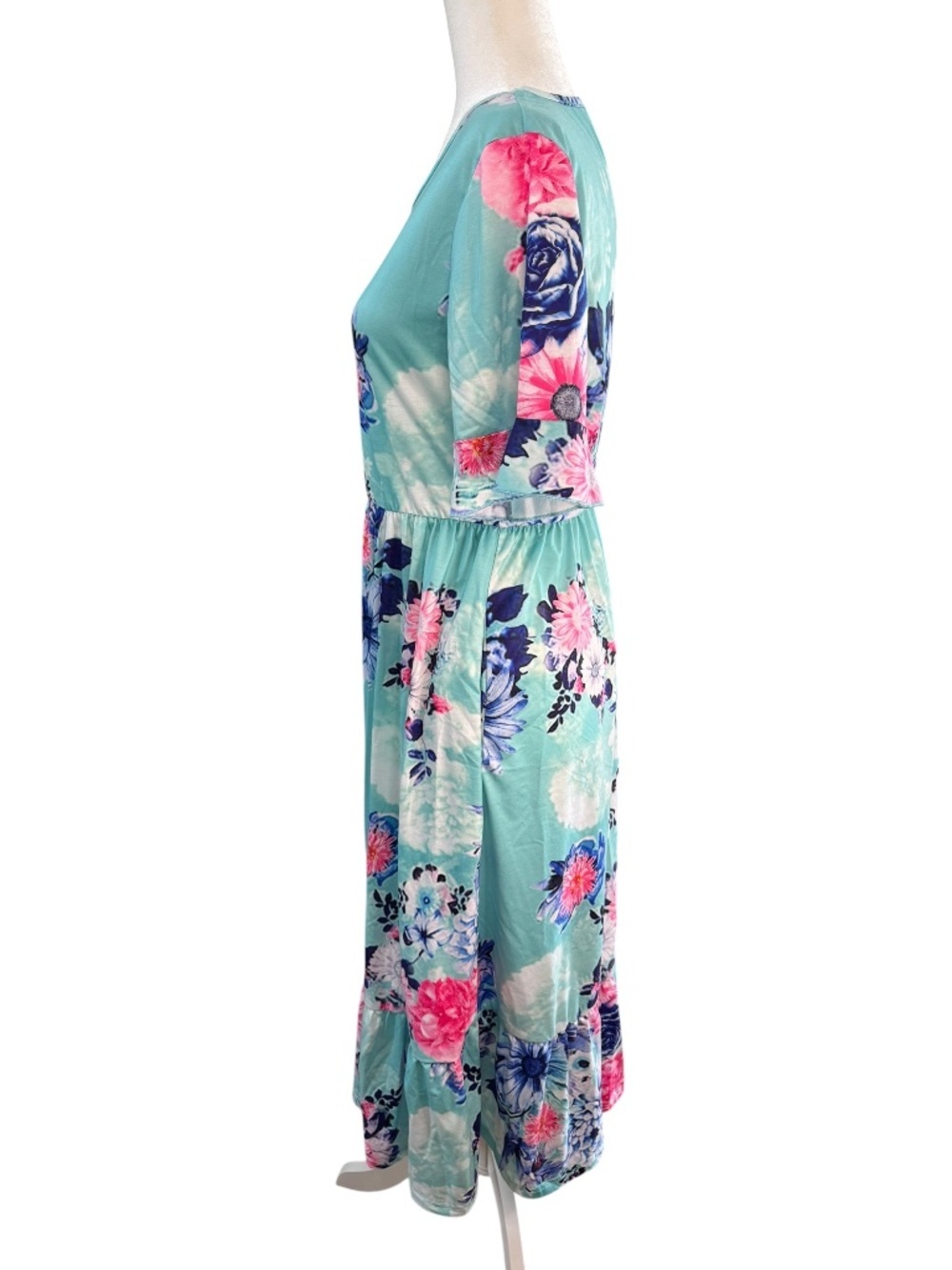 Turquoise Floral Dress Size Large Pockets - Picture 2 of 9